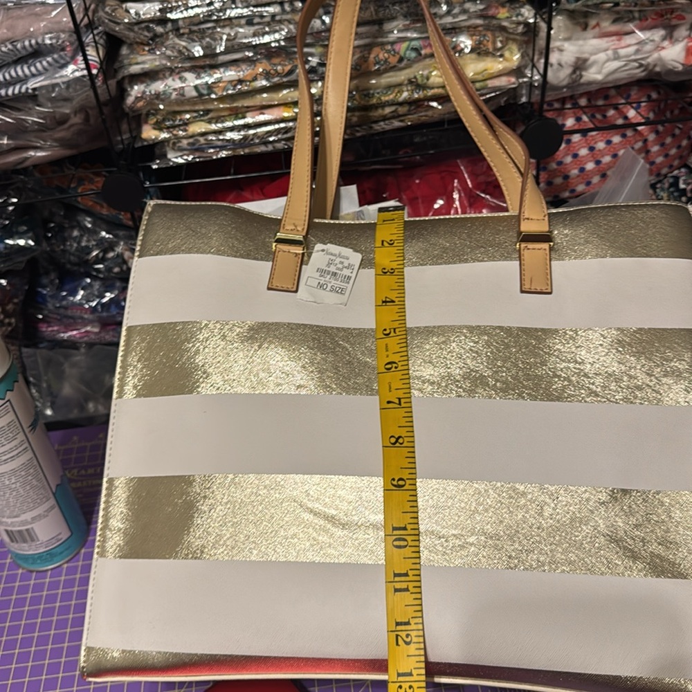 Neiman Marcus Stylish Gold metallic and White Striped Tote Bag - Picture 10 of 11